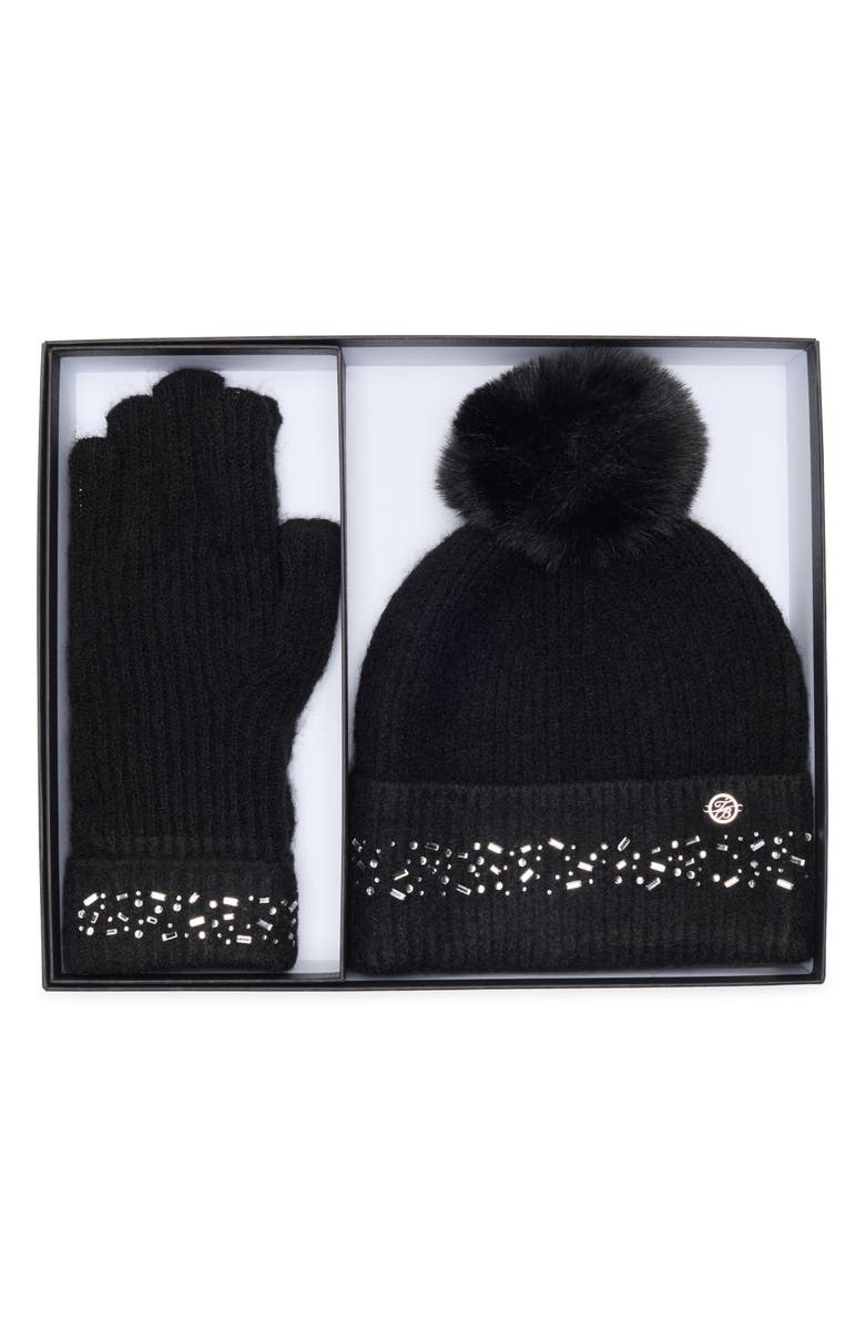 Ted Baker London Crystal Faux Fur Pompom Beanie & Scarf Box Set, Alternate, color, Black