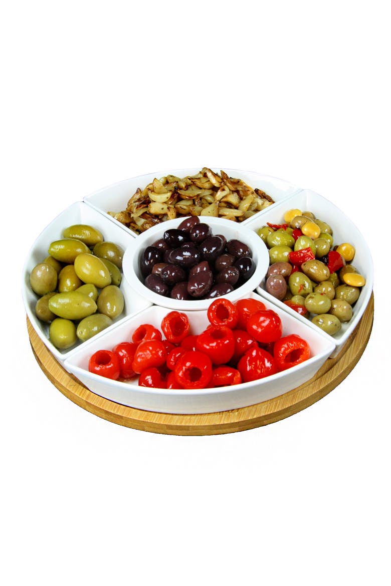 12 1/4 Inch 6-Piece Lazy Susan Appetizer and Condiment Server Set with 5 Serving Dishes and a Wood Lazy Suzan Serving Tray, Alternate, color, White
