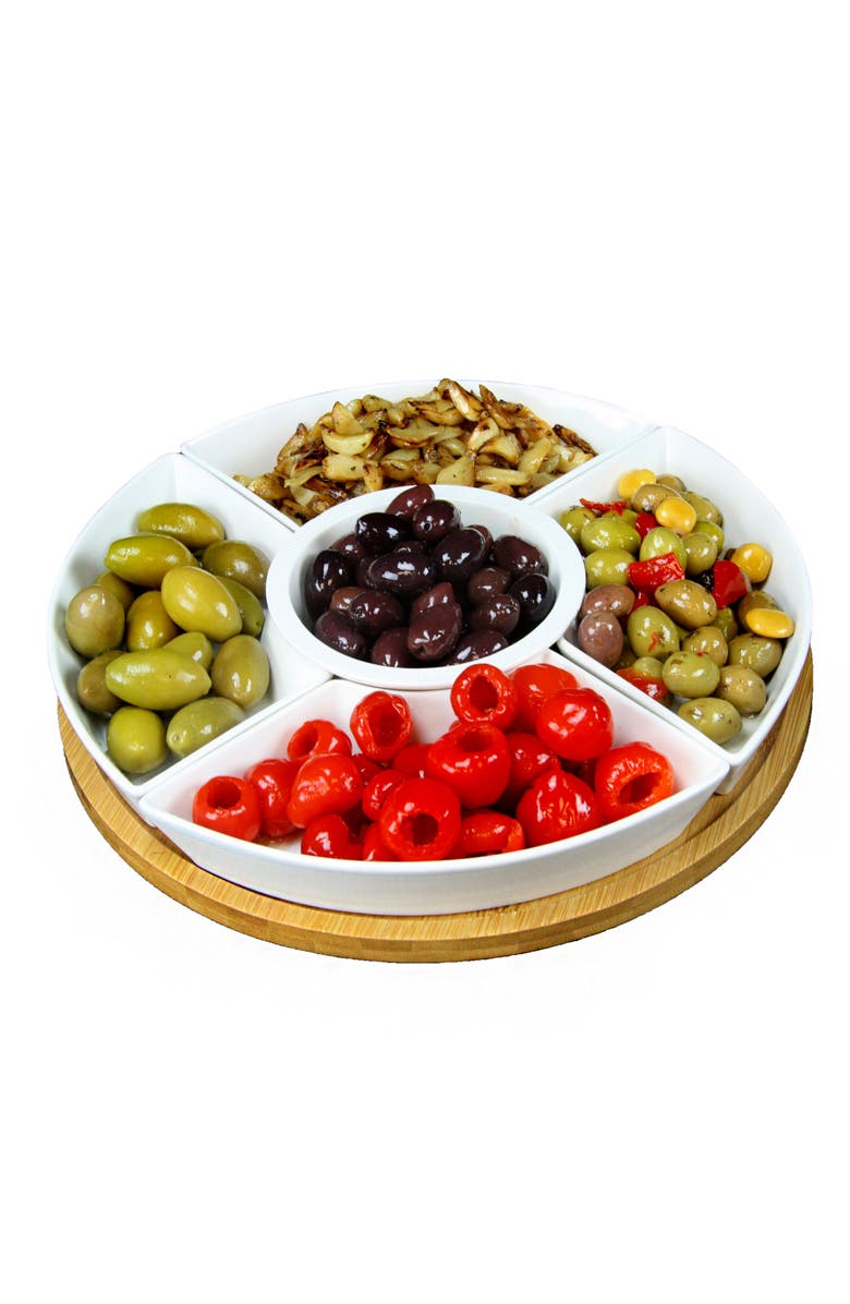 Elama Signature 12 1/4 Inch 6-Piece Lazy Susan Appetizer and Condiment Server Set with 5 Serving Dishes and a Wood Lazy Suzan Serving Tray, Alternate, color, White