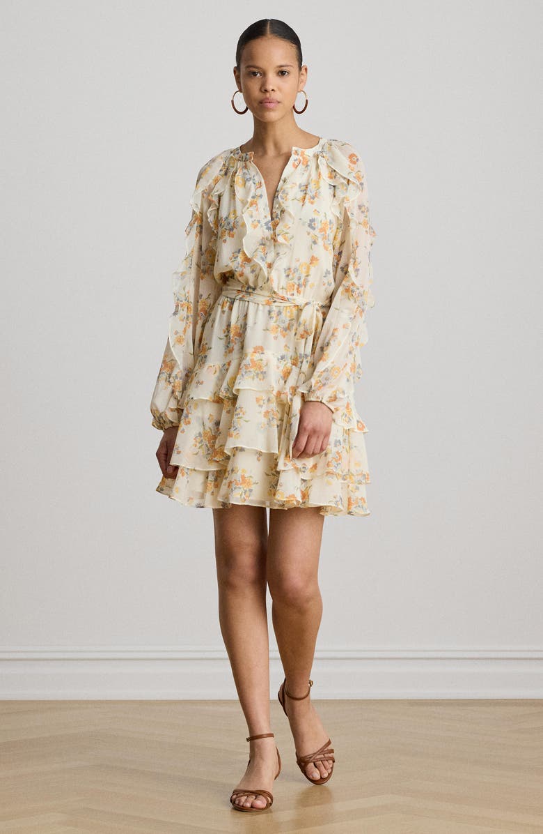 Lauren Ralph Lauren Floral Print Long Sleeve Minidress, Alternate, color, Cream/ Multi