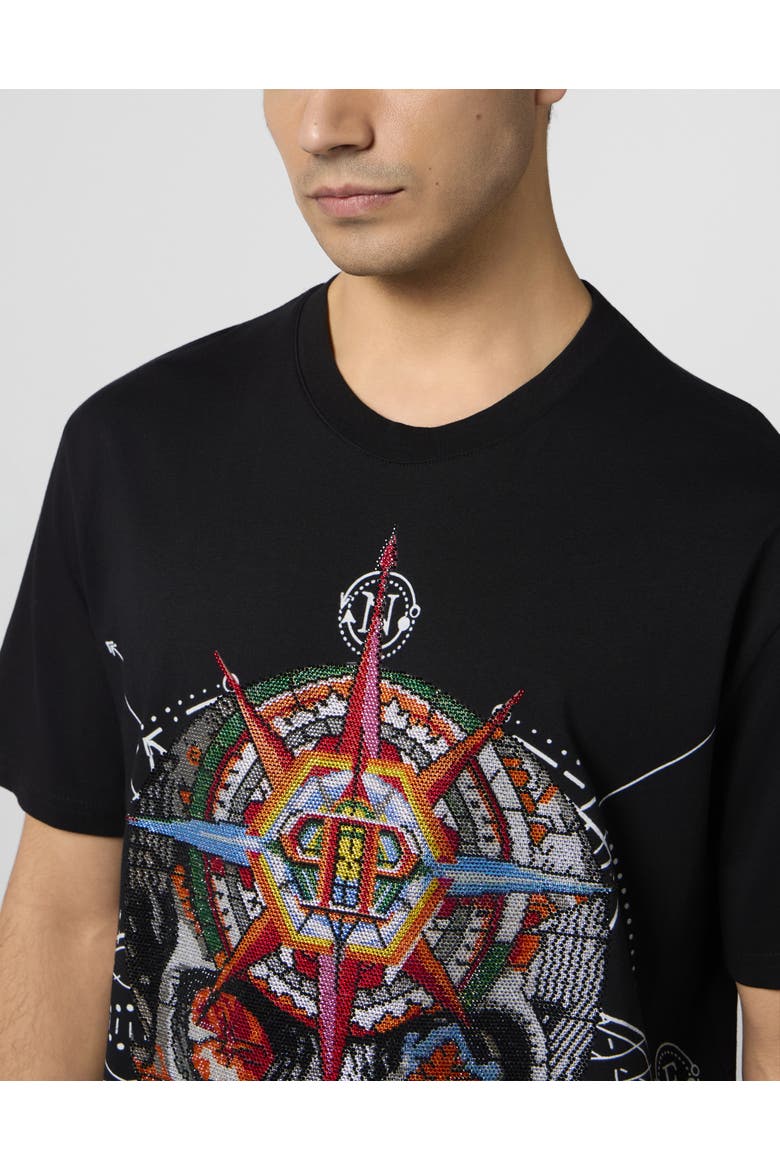 Round Neck T-shirt Wind Rose Skull Stones Men, Alternate, color, black
