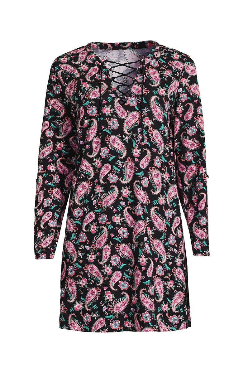 Lands' End Cotton Jersey V-neck Tunic Swim Cover-up Shirtdress, Alternate, color, Black Multi Paisley Floral
