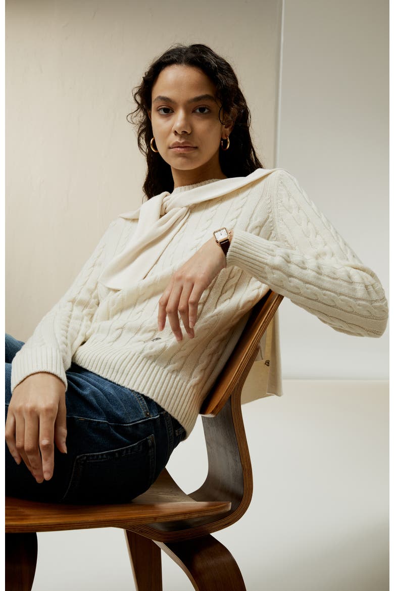 Women's Classic Cable Knit Sweater with Ribbed Edges, Alternate, color, White