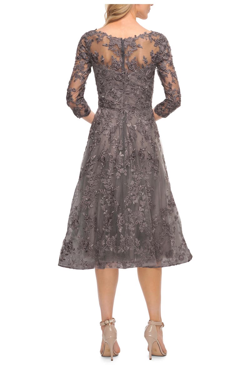 La Femme Tea Length Lace Evening Dress with Sleeves, Alternate, color, Gunmetal