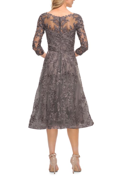 LA FEMME LA FEMME TEA LENGTH LACE EVENING DRESS WITH SLEEVES