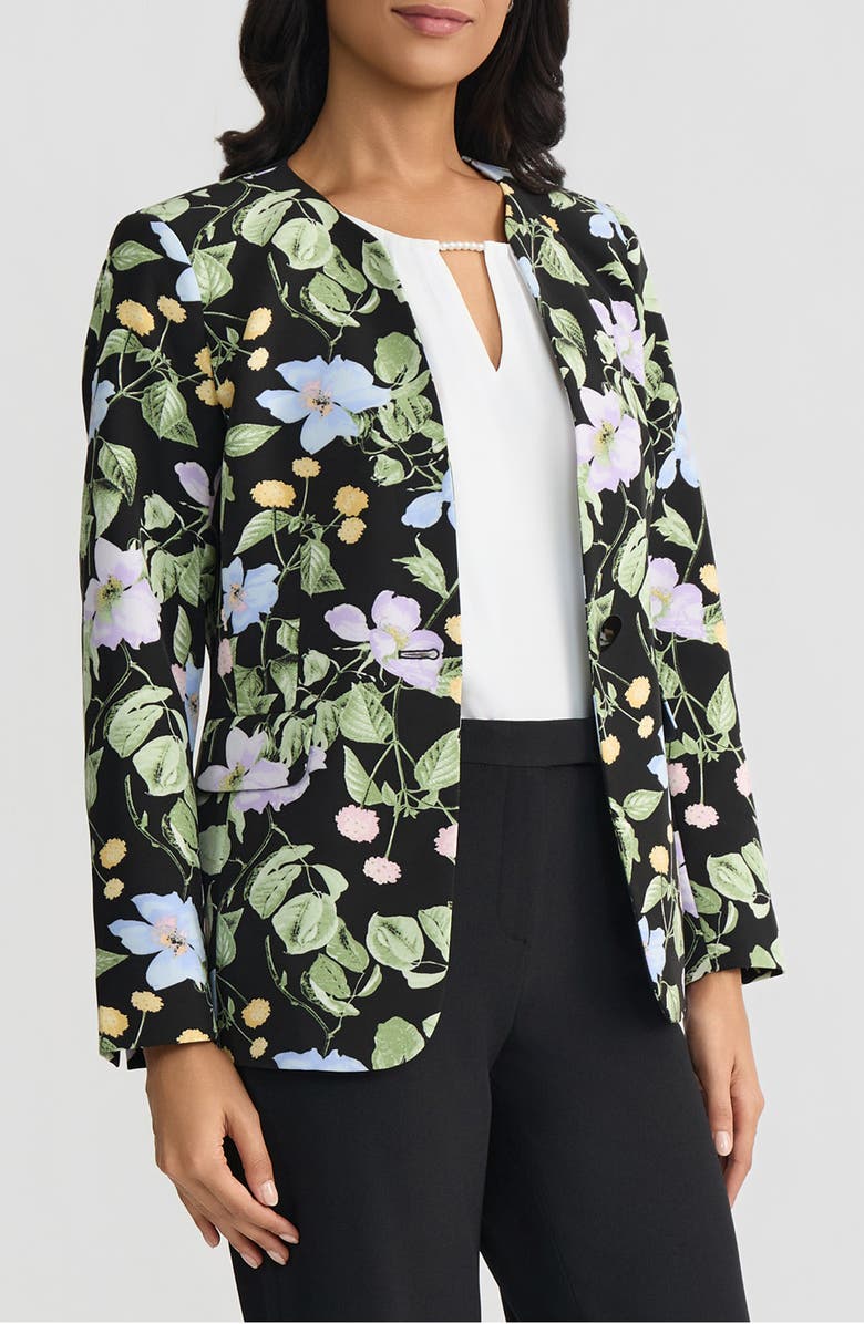 KASPER Floral Print One-Button Jacket, Alternate, color, Black Multi