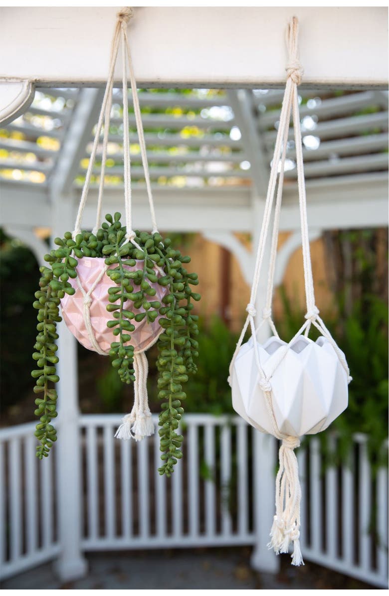 FLORA BUNDA Pink Ceramic Macramé Hanging Planter, Alternate, color, Pink