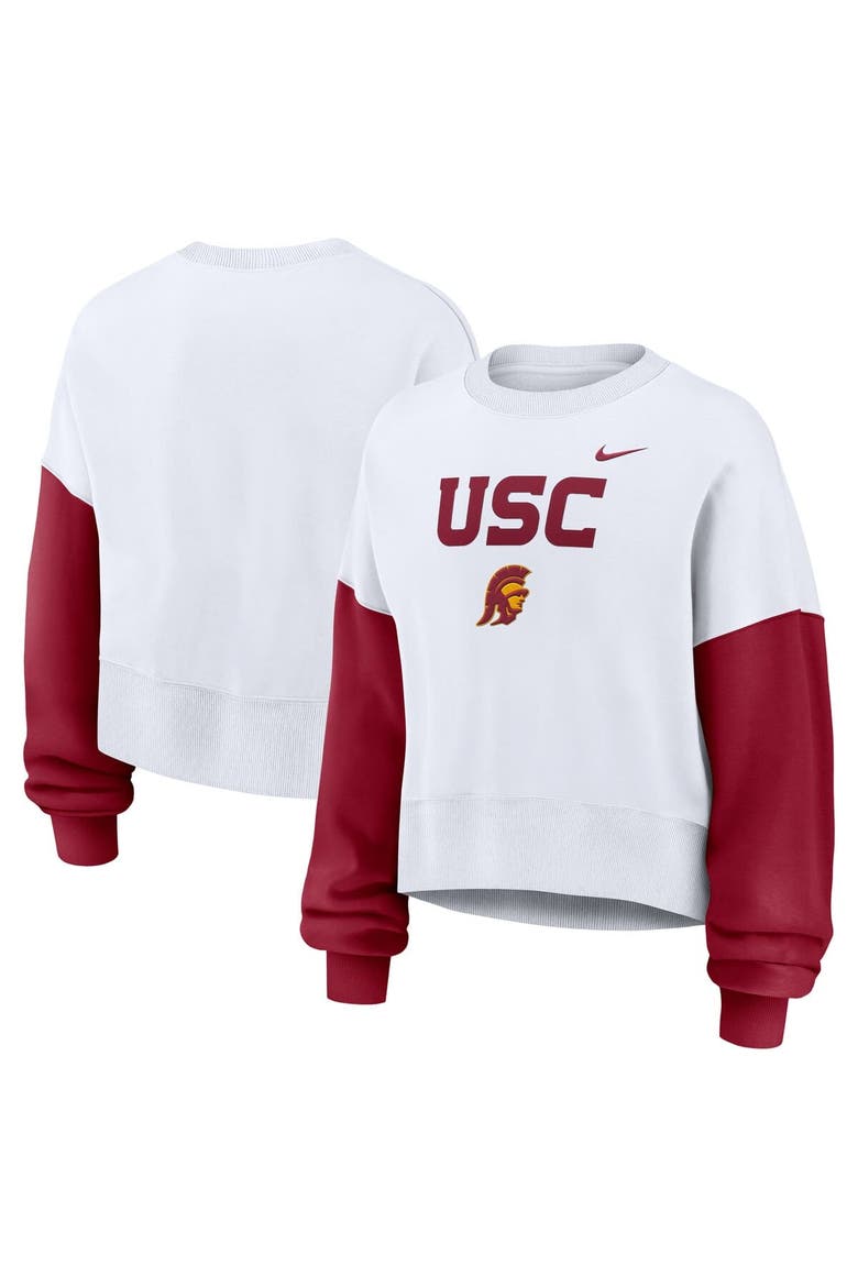 Women's Nike White USC Trojans Color-Block Oversized Cropped Pullover Sweatshirt, Main, color, White