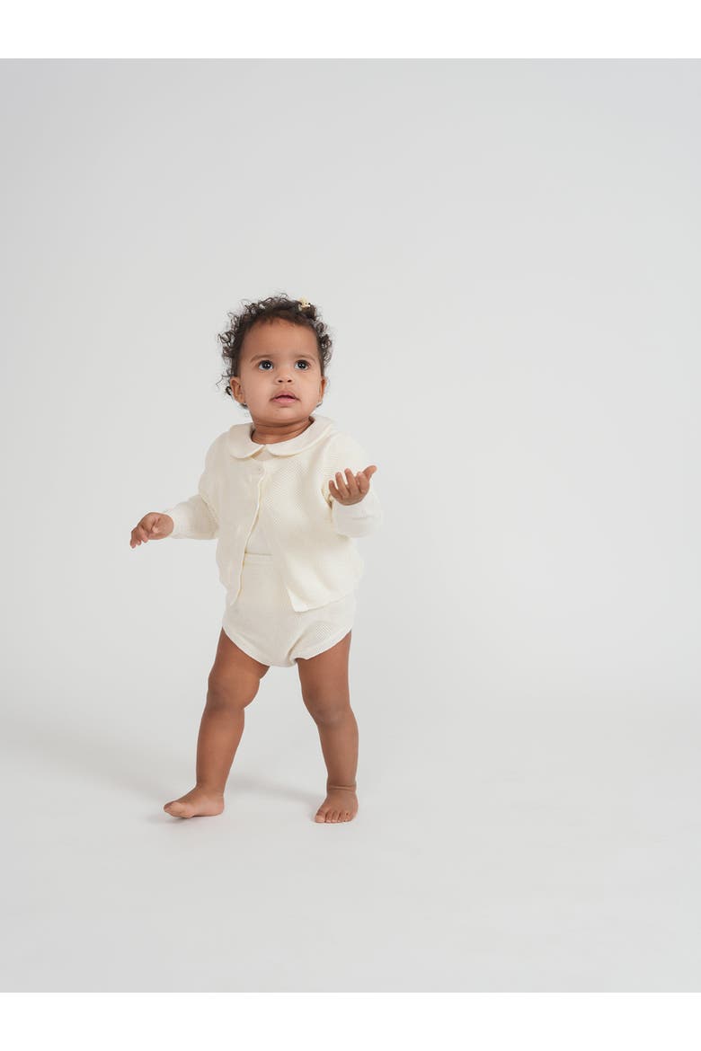 Girl Textured Knit Cardigan, Cotton Shirt and Shorts Set, Alternate, color, Ivory