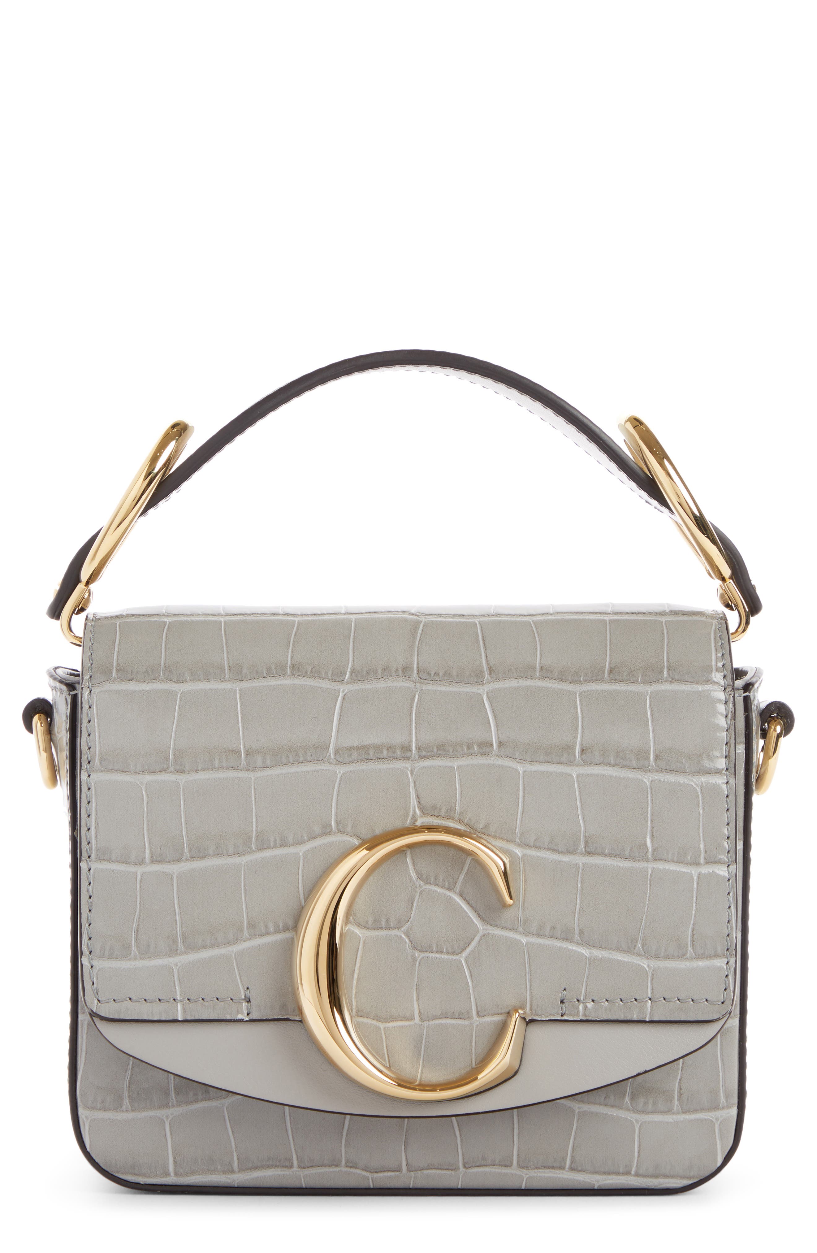 Chloé Mini C Croc Embossed Leather Satchel, Main, color, 