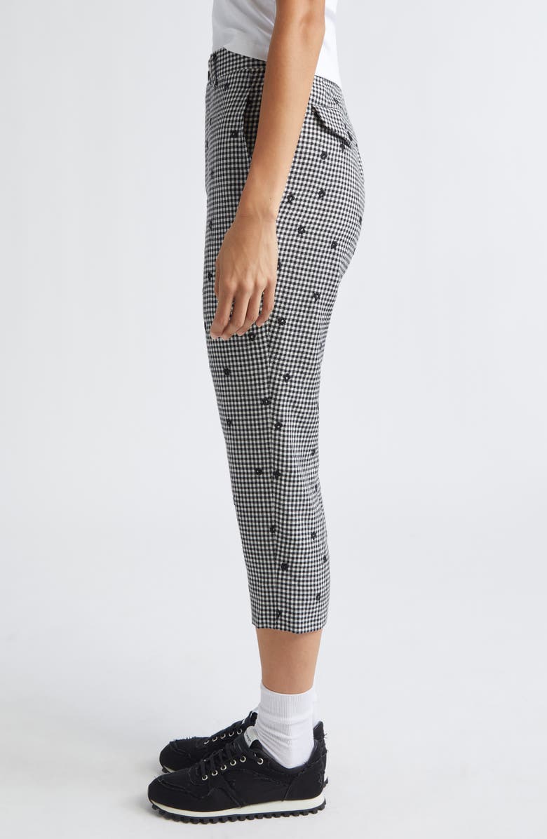 Comme des Garçons Girl Floral Embroidered Gingham Crop Tropical Weight Wool Blend Pants, Alternate, color, Black / Black / White