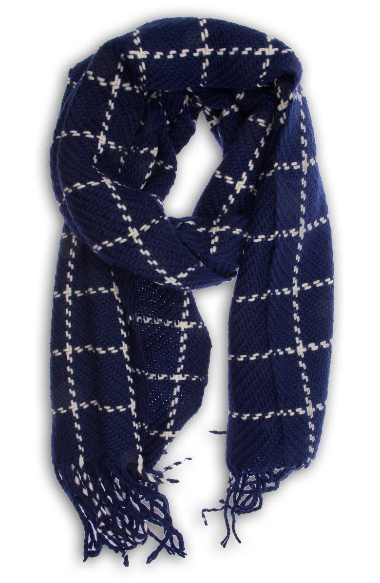 SAACHI Plaid Fringe Scarf, Alternate, color, Navy