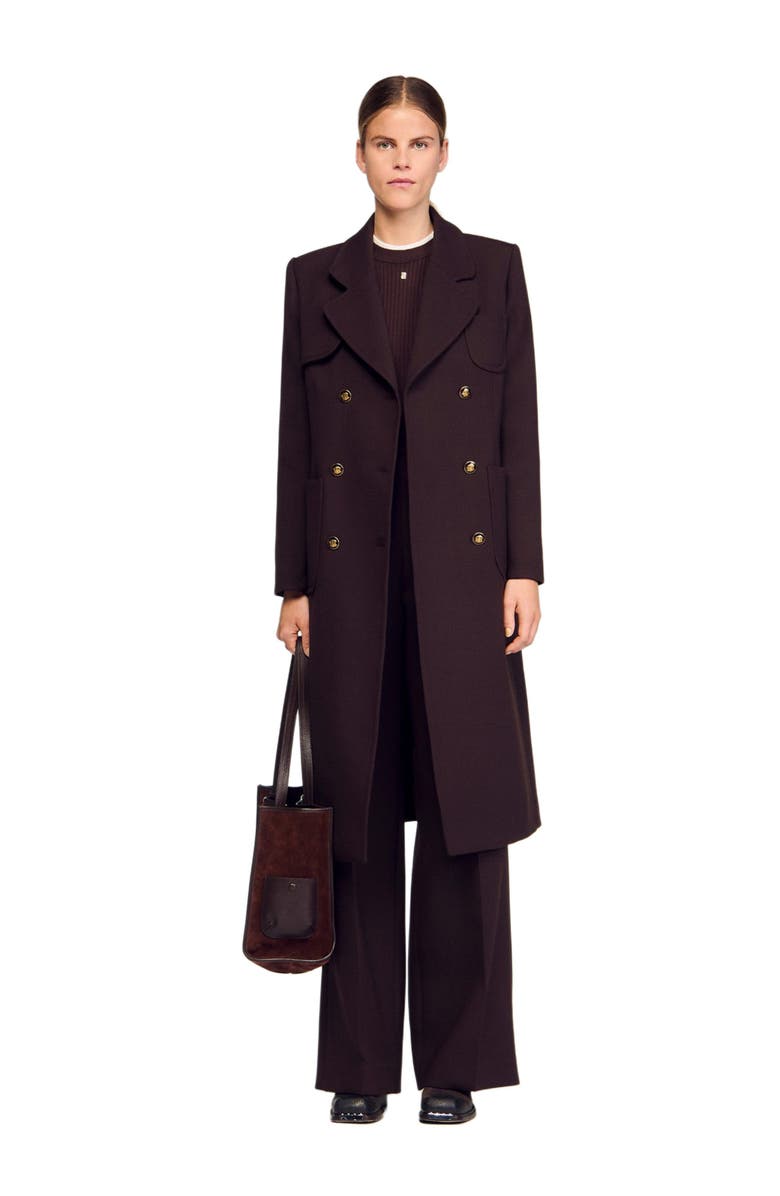 SANDRO Structured long double-breasted coat, Alternate, color, Brown