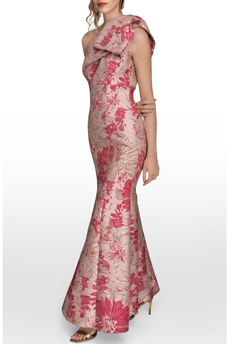 Metallic One-Shoulder Jacquard Mermaid Gown, Alternate, color, FUCHSIA MULTI