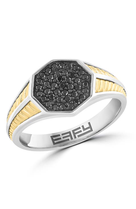 Black Diamond Geometric Signet Ring In Sterling Silver