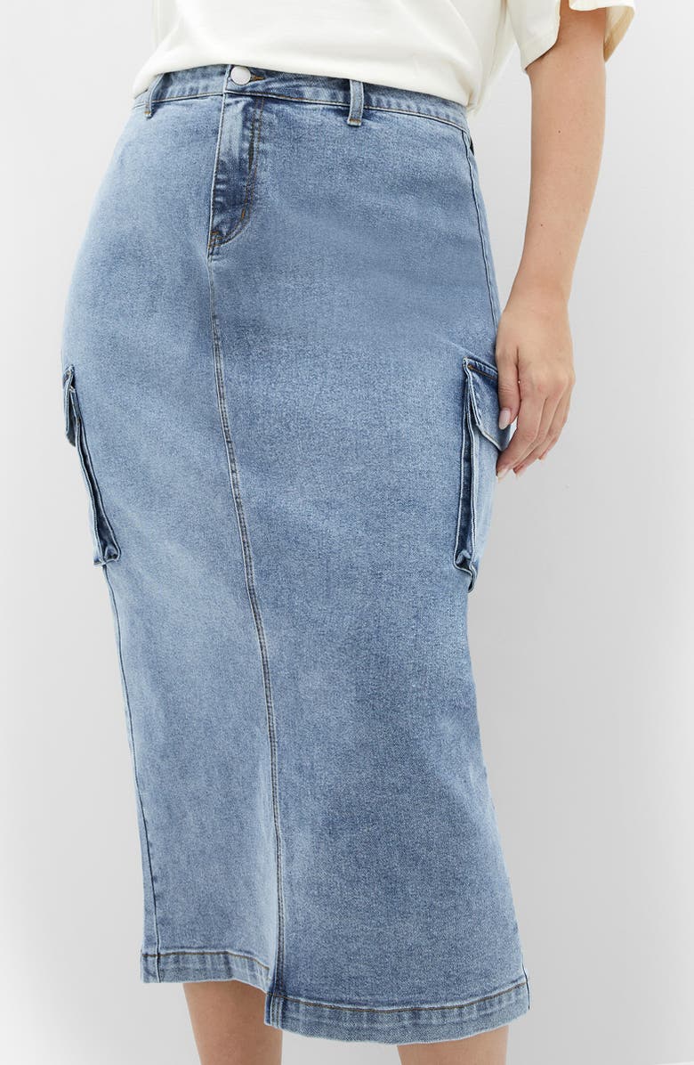 City Chic Raya Denim Midi Cargo Skirt, Alternate, color, 