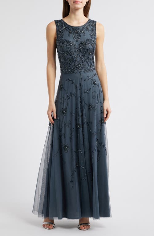 Pisarro Nights Beaded Mesh Gown With Jacket In New Steel