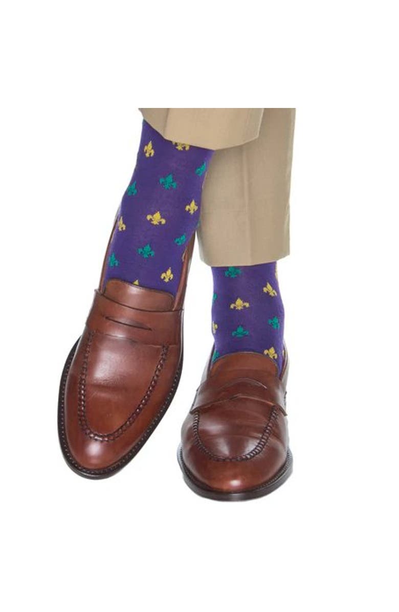 Trafalgar Atlas Fleur De Lis Over The Calf Fine Merino Wool Socks, Alternate, color, Purple/Green/Yolk Fleur Di Lis