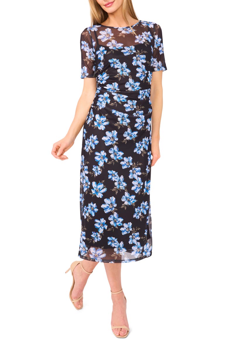 Ruched Floral Midi Dress, Main, color, RICH BLACK