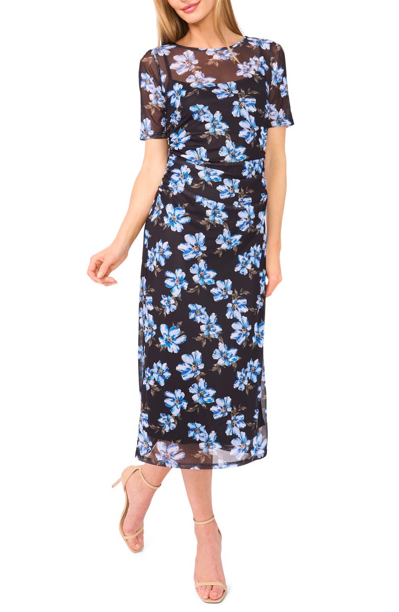 CeCe Ruched Floral Midi Dress, Main, color,