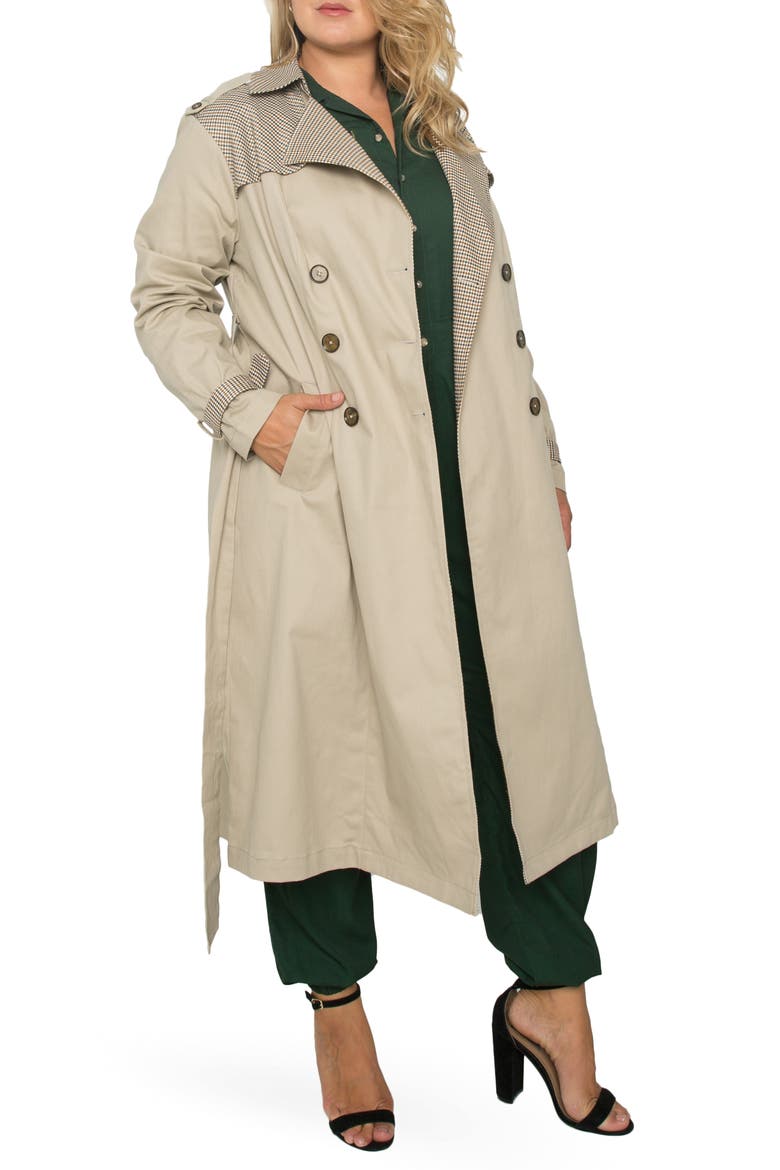 Plaid Detail Stretch Cotton Trench Coat, Alternate, color, CURRY