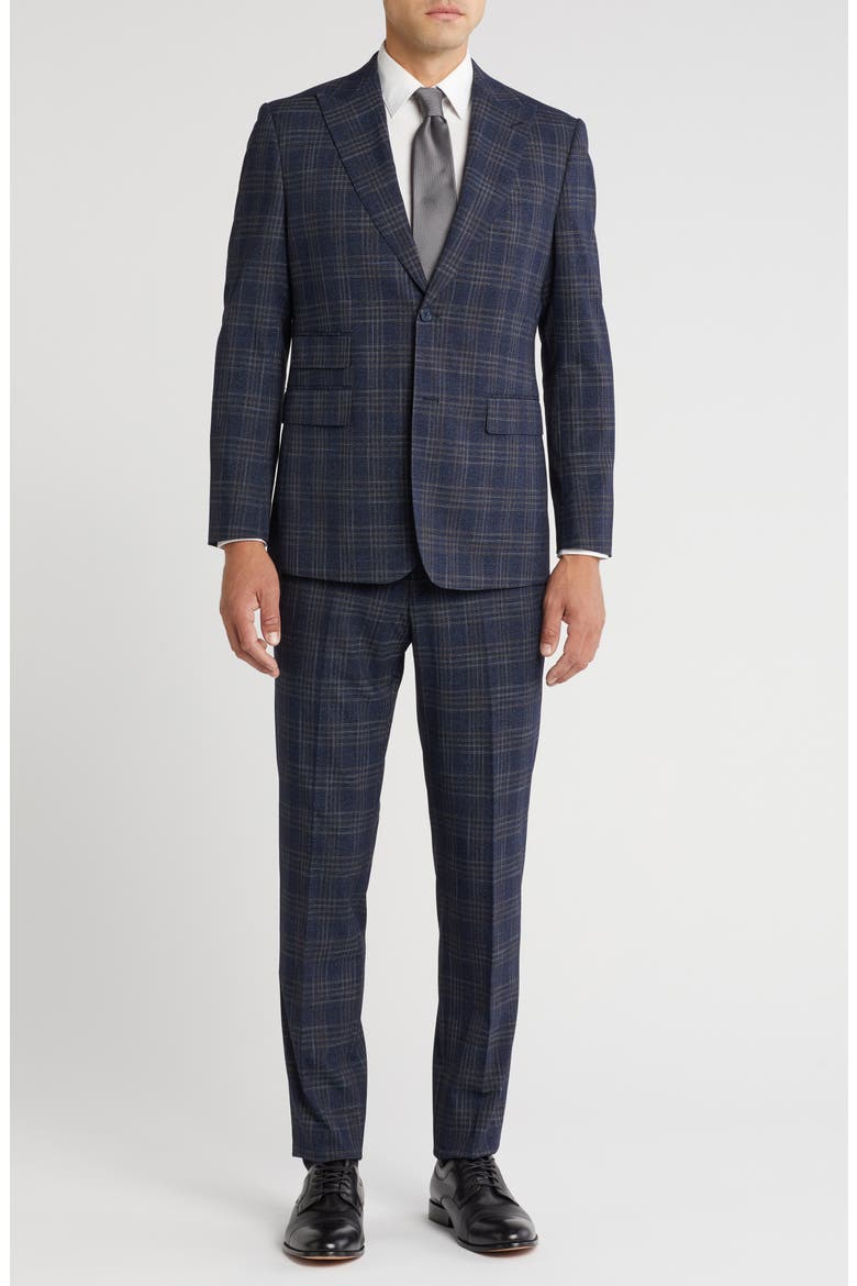 Plaid Trim Fit Peak Lapel Two-Piece Suit, Main, color, NAVY