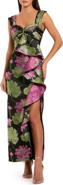 Mac Duggal Brocade Cap Sleeve Ruffle Ankle Dress