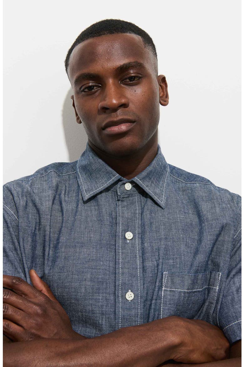 Franklin Short Sleeve Cotton Chambray Button-Up Shirt, Alternate, color, MEDIUM WASH