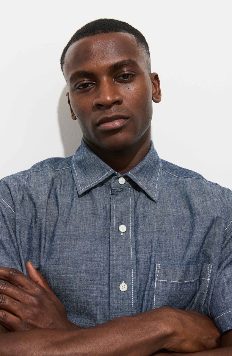 Alex Mill Franklin Short Sleeve Cotton Chambray Button-Up Shirt, Alternate, color, Medium Wash