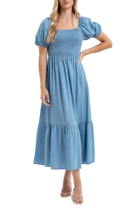 Smocked Puff Sleeve Midi Dress