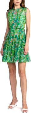Mac Duggal Mesh Micro Ruffle High Neck Floral Mini Dress