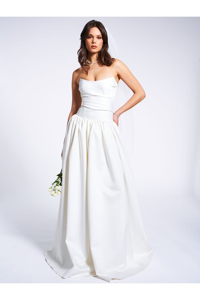 Umay Drop Waist Satin Corset Bridal Gown, Alternate, color, White