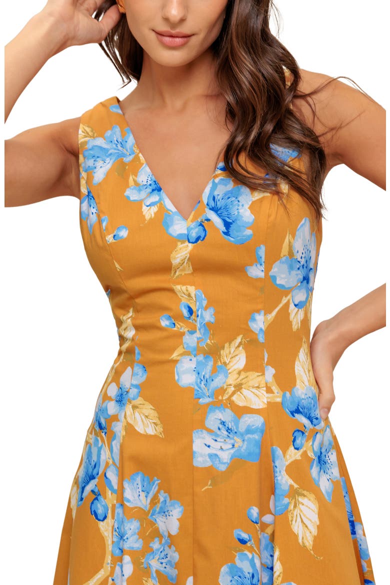 Floral Fit & Flare Midi Dress, Alternate, color, CAMEL