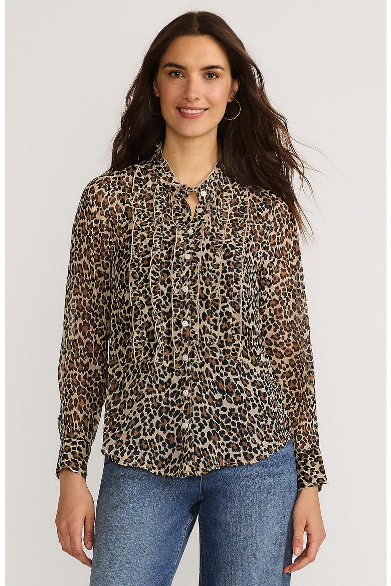 Chiffon Ruffle Front Long Sleeve Top, Main, color, Champagne Animal Spots