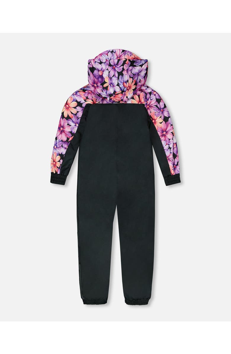 Deux par Deux Girl's Mid-Season One-Piece Outerwear Black With Pink And Orange Flowers, Alternate, color, 