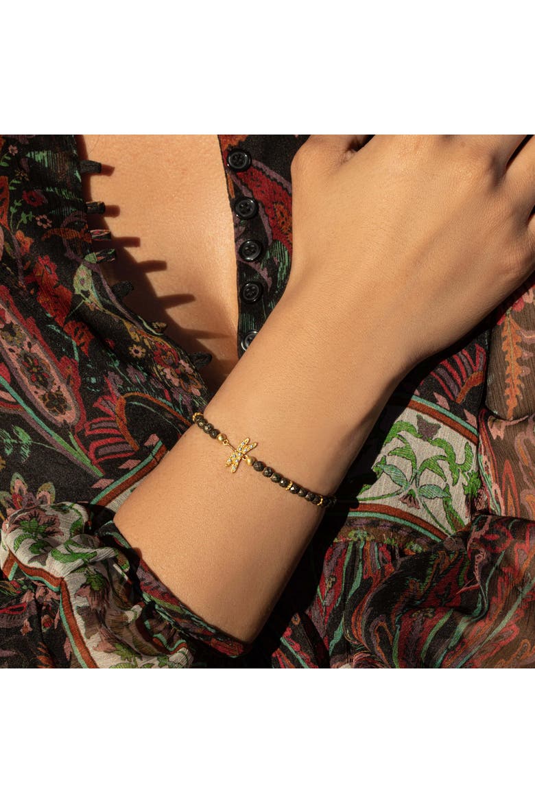 Pyrite Dragonfly Charm Gold Plated Women's Beaded Bracelet - Emotional Maturity, Alternate, color, Dark grey/gold