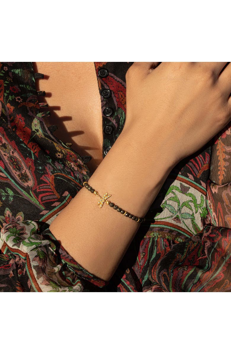 Karma and Luck Pyrite Dragonfly Charm Gold Plated Beaded Bracelet Emotional Maturity, Alternate, color, Dark Grey/Gold