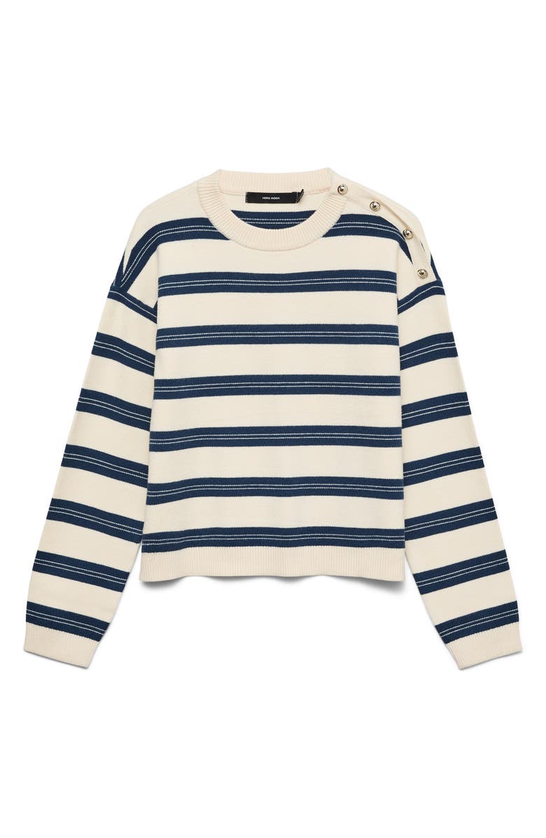 VERO MODA Stripe Button Shoulder Crop Sweater, Alternate, color, Birch/ Dark Blue