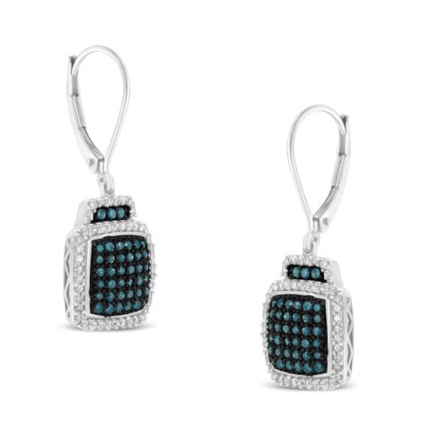 Black Rhodium over Silver 3/4 Ct Blue and White Diamond Dangle Earrings