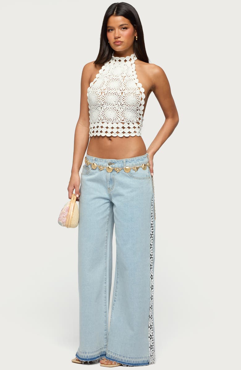 EDIKTED Open Stitch Low Rise Wide Leg Jeans, Alternate, color,