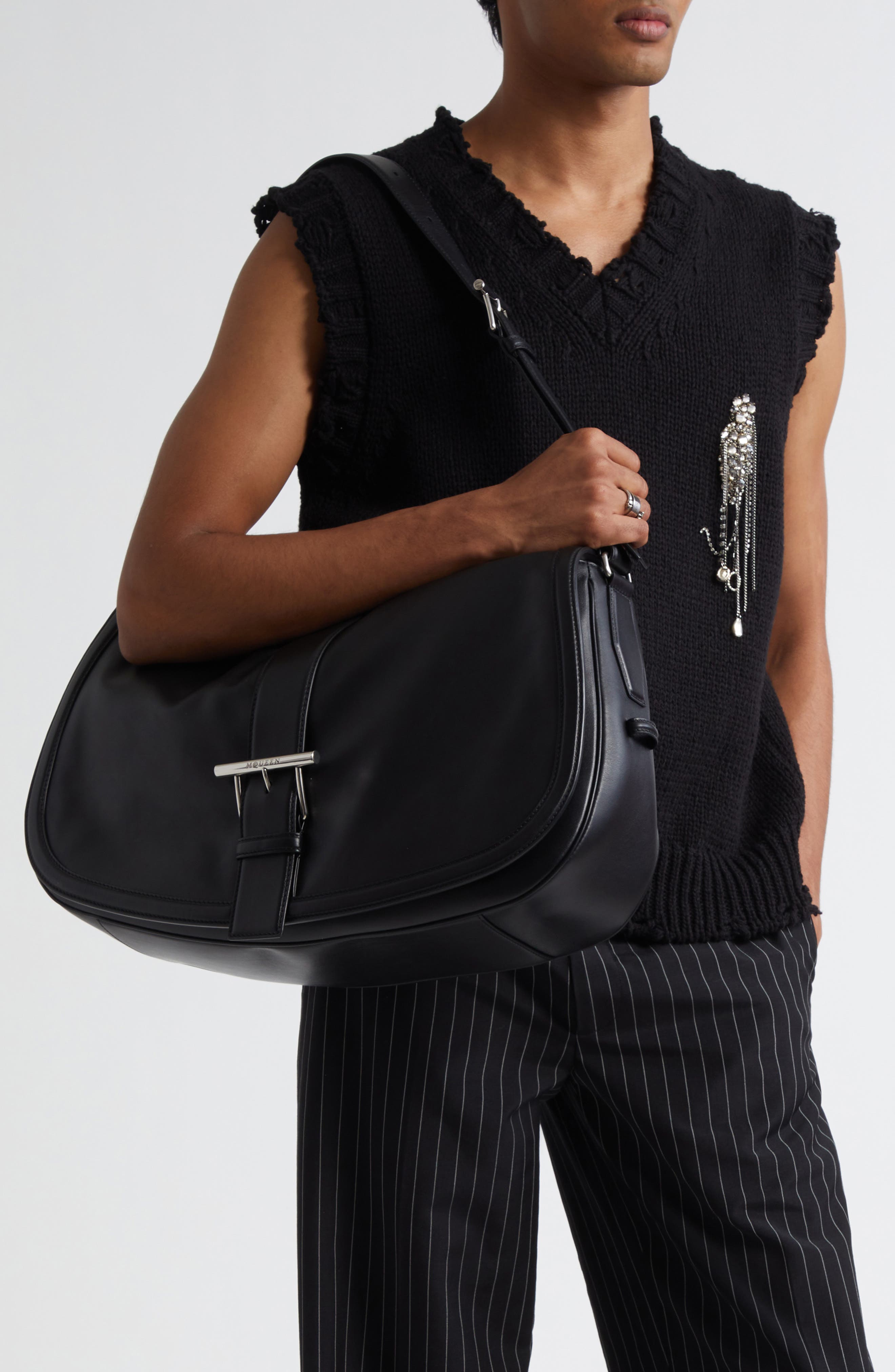 McQueen Maxi T-Bar Leather Shoulder Bag, Alternate, color, 