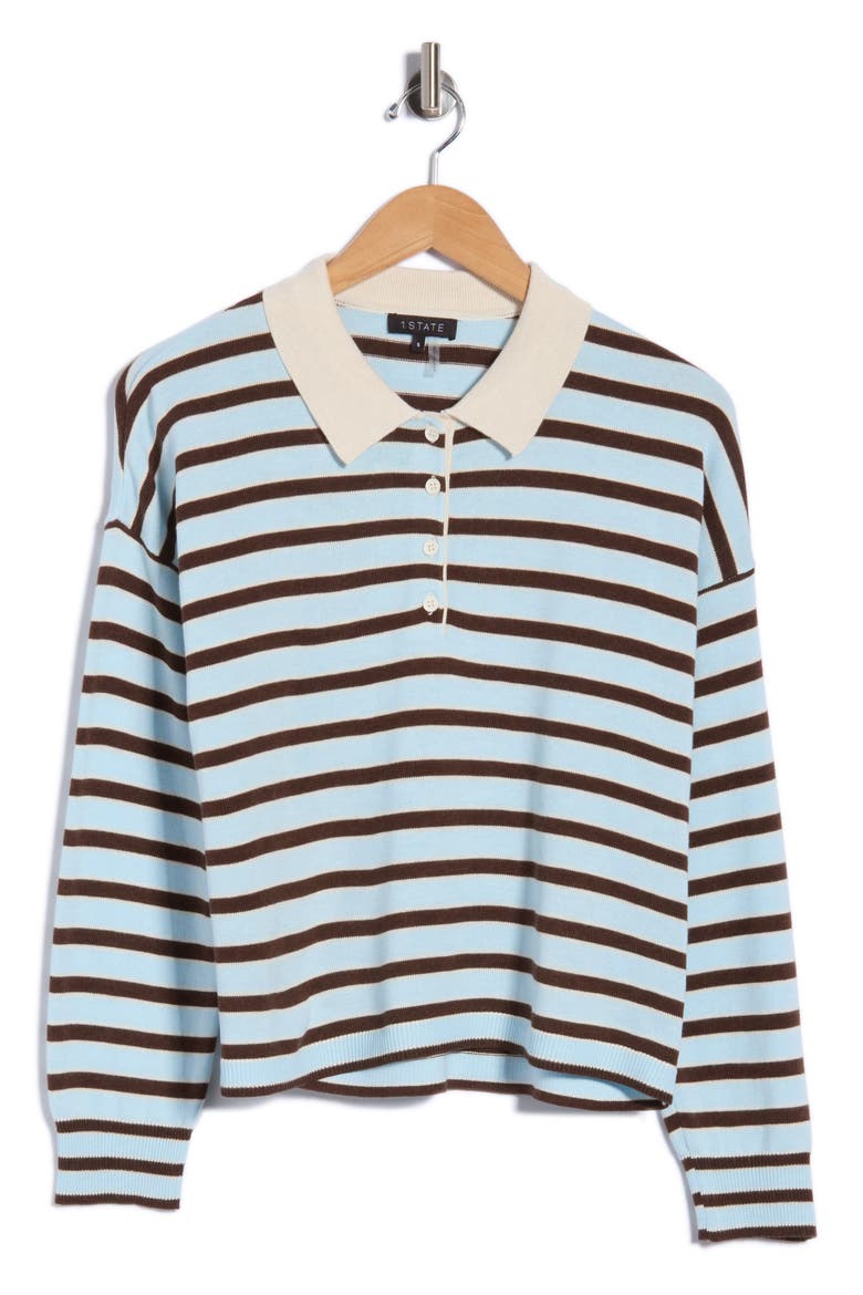 Striped Long Sleeve Polo, Main, color, BLUE SKY/BEAVER BROWN/OAT 289