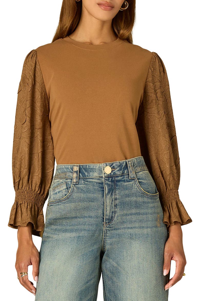 Mixed Media Smocked Sleeve Top, Main, color, BUTTER TOFFEE
