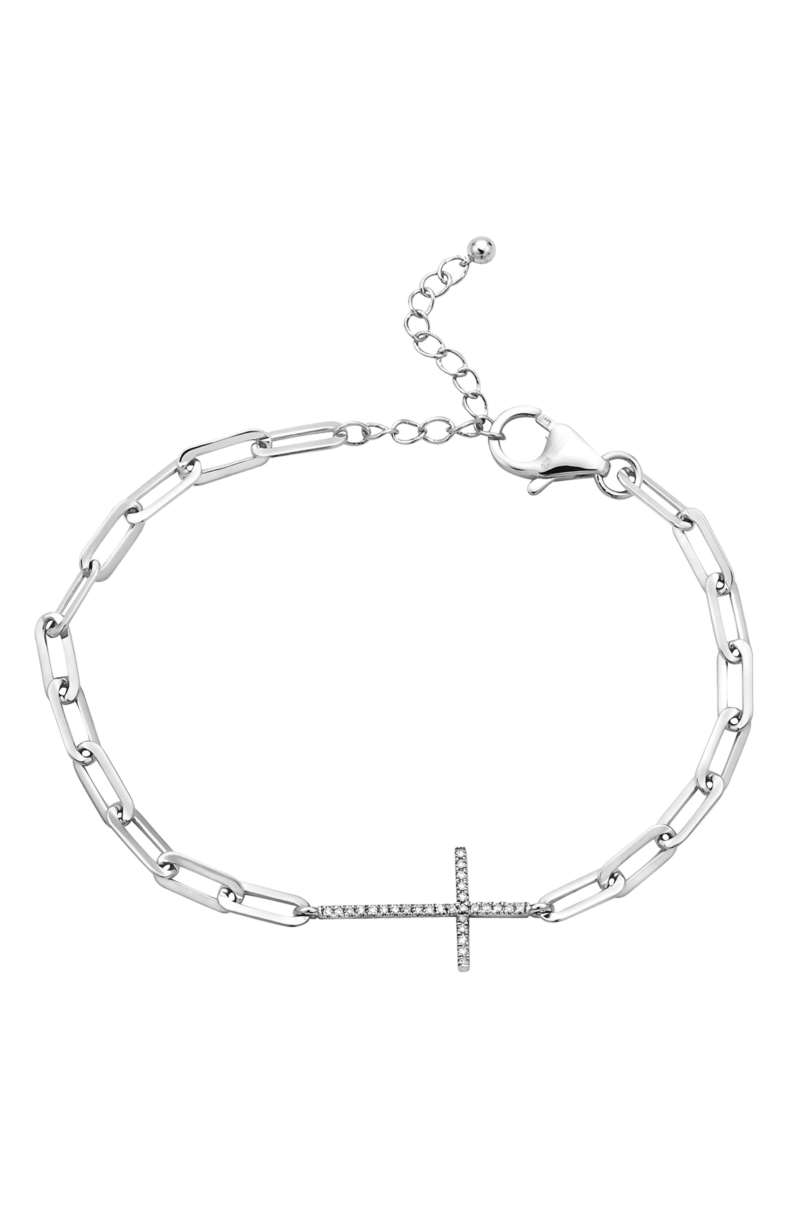 Sterling Silver Diamond Cross Paperclip Link Bracelet