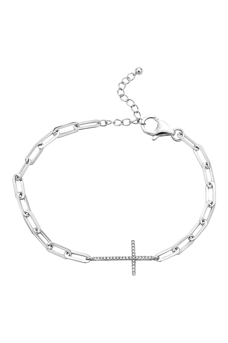 Sterling Silver Diamond Cross Paperclip Link Bracelet, Main, color, SILVER