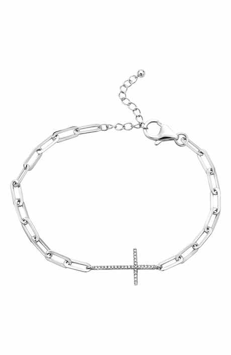 Sterling Silver Diamond Cross Paperclip Link Bracelet