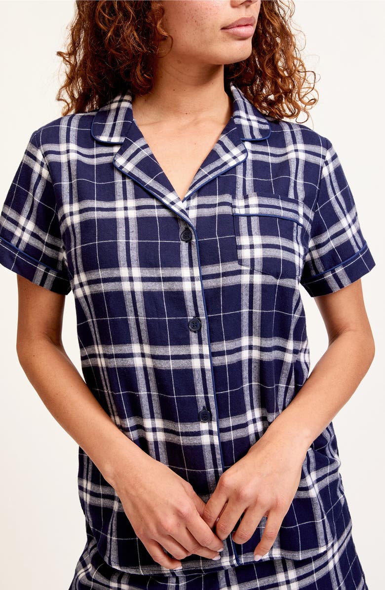 Petite Plume Tartan Cotton Short Pajamas, Alternate, color, Navy