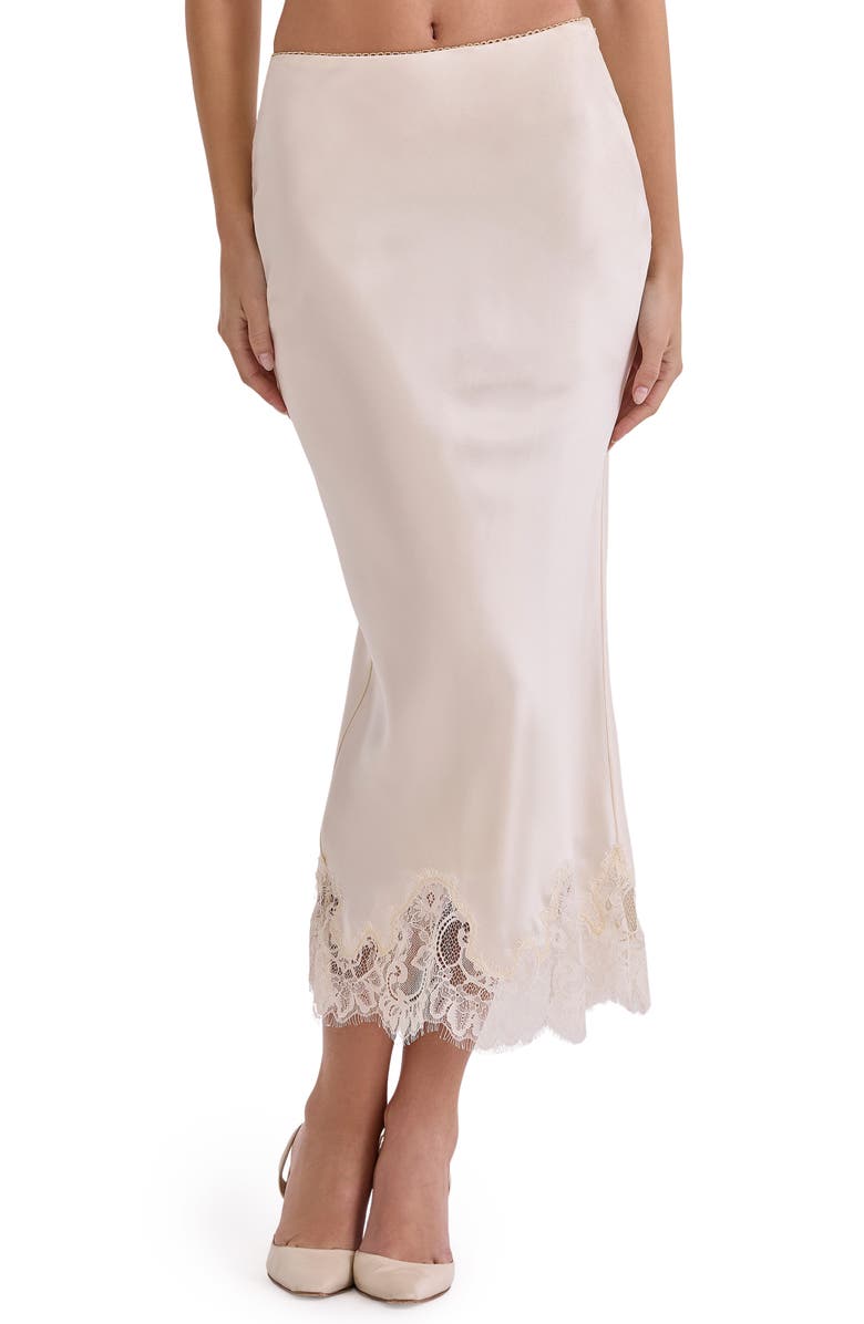 HOUSE OF CB Ciara Satin & Lace Midi Skirt, Main, color, Vintage Cream
