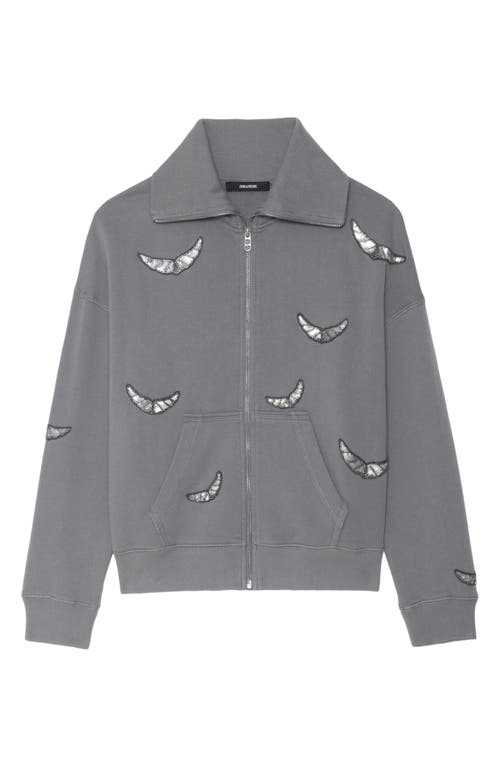 Zadig & Voltaire Milly Sequin Wings Zip-up Cotton Fleece Jacket In Gray