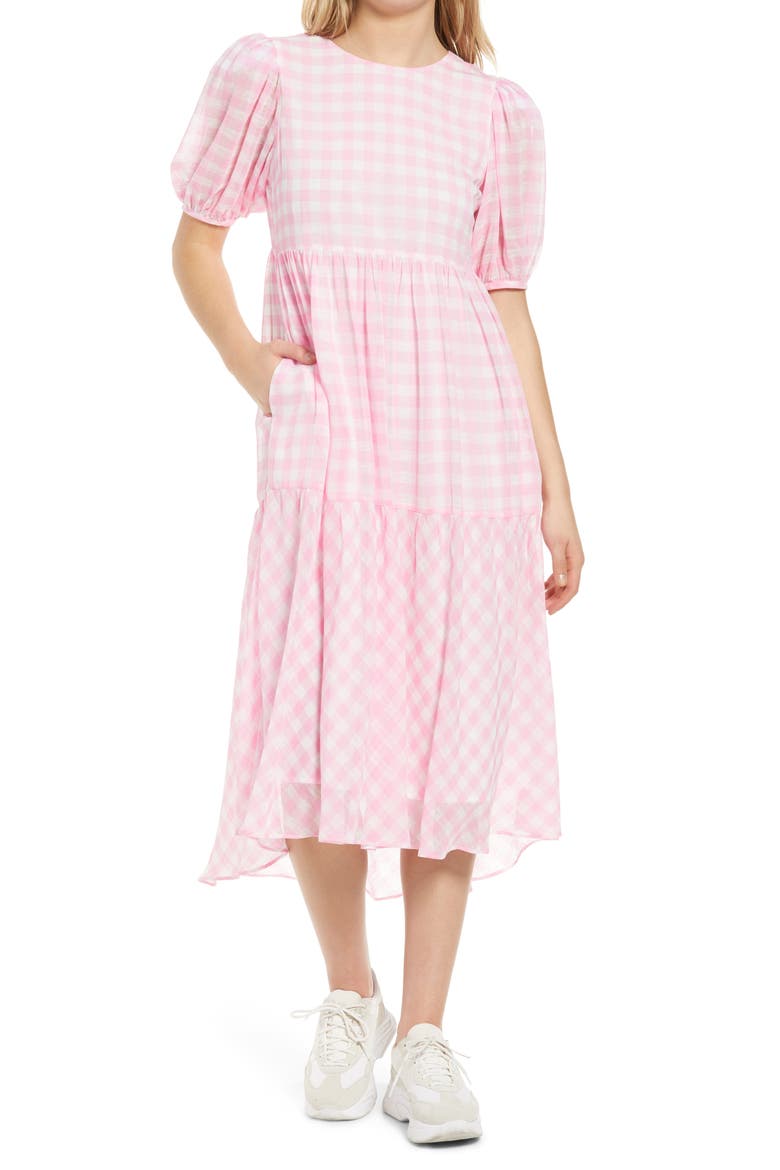 Gingham Print Midi Dress, Main, color, PINK